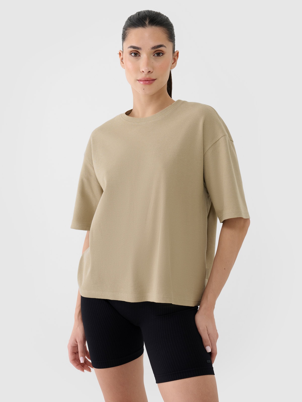 4F T-shirt regular z waflowej dzianiny damski - beżowy S