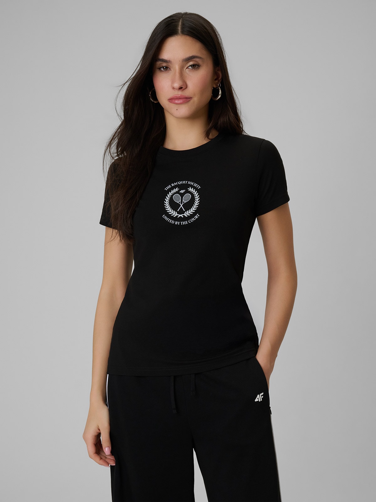 4F T-shirt slim z nadrukiem damski - czarny L