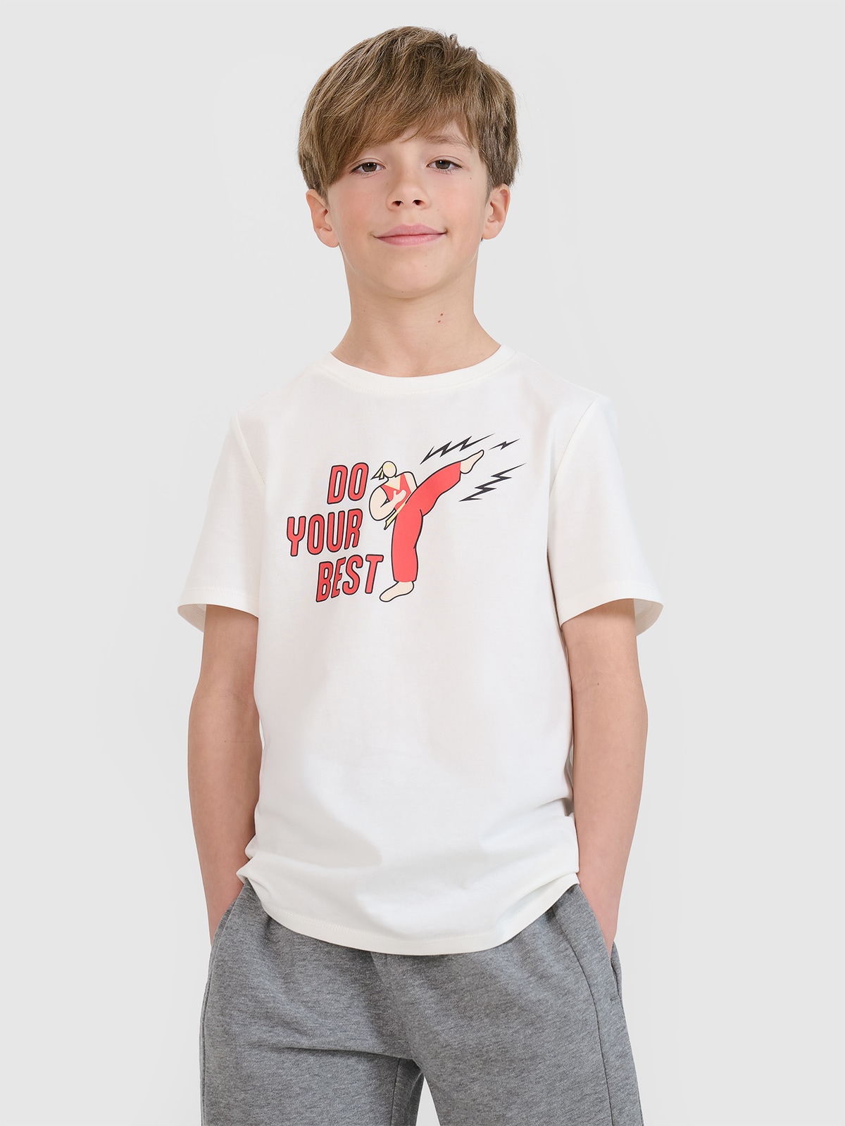 4F T-shirt regular z nadrukiem chłopięcy - biały 164 (13-14 lat)