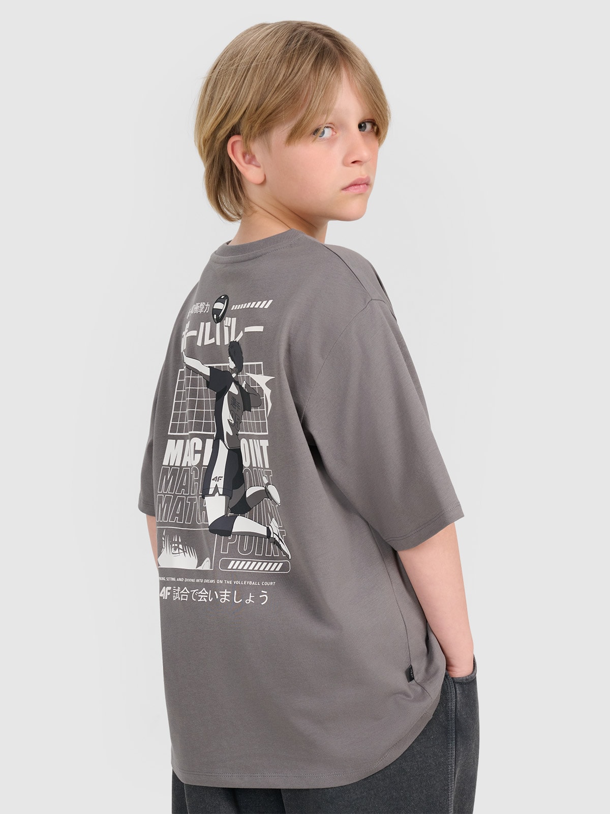 4F T-shirt oversize z nadrukiem chłopięcy - szary 158 (12-13 lat)