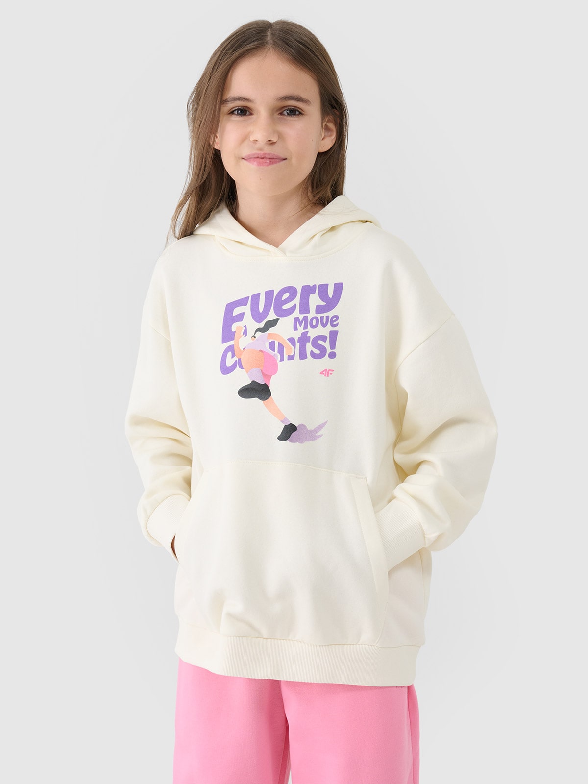 4F Bluza dresowa nierozpinana z kapturem dziewczęca - biała 122 (6-7 lat)