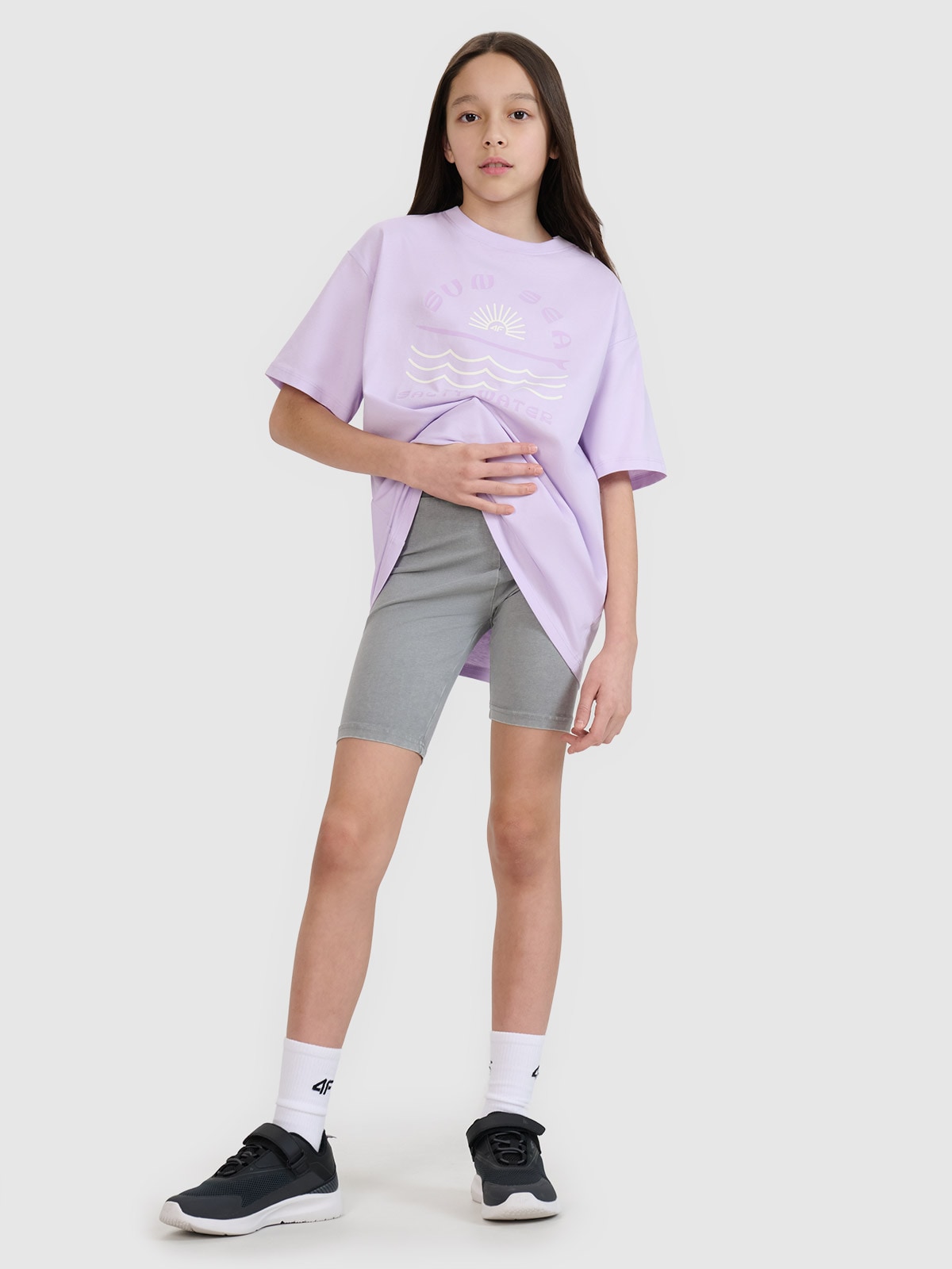 4F Legginsy kolarki z efektem acid wash dziewczęce - szare 134 (8-9 lat)