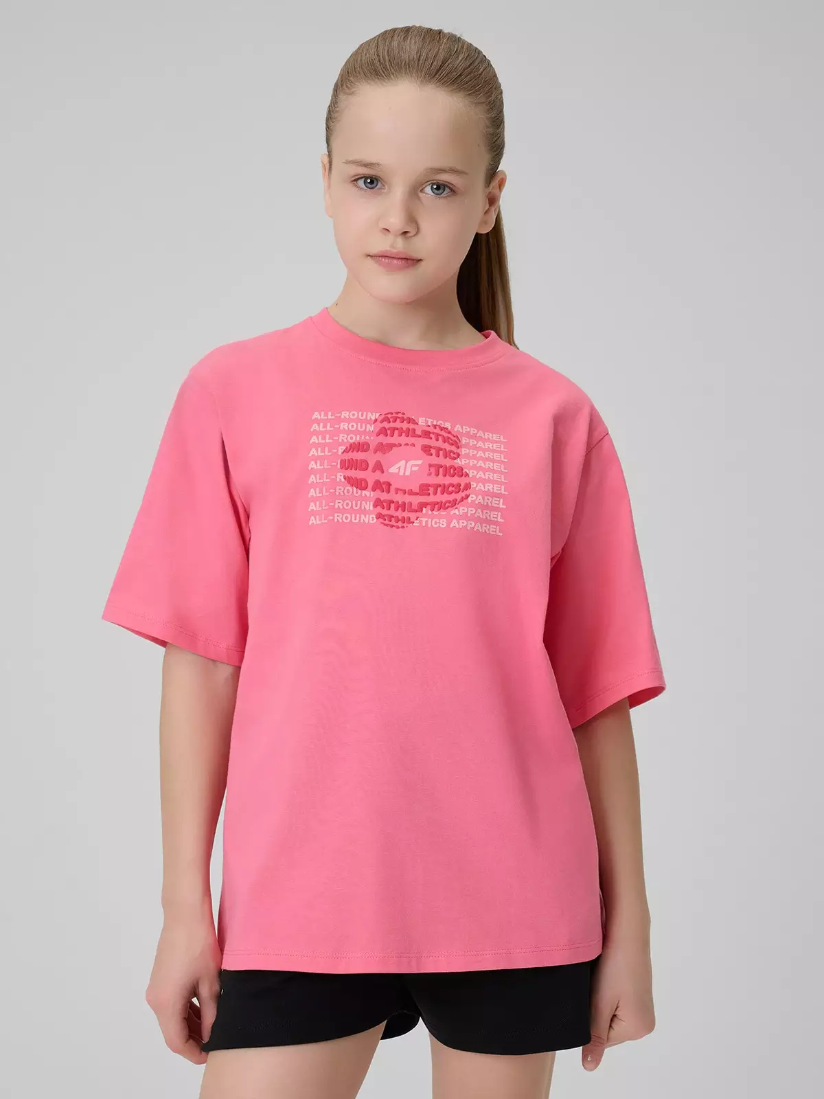 4F T-shirt loose z nadrukiem dziewczęcy - różowy 152 (11-12 lat)