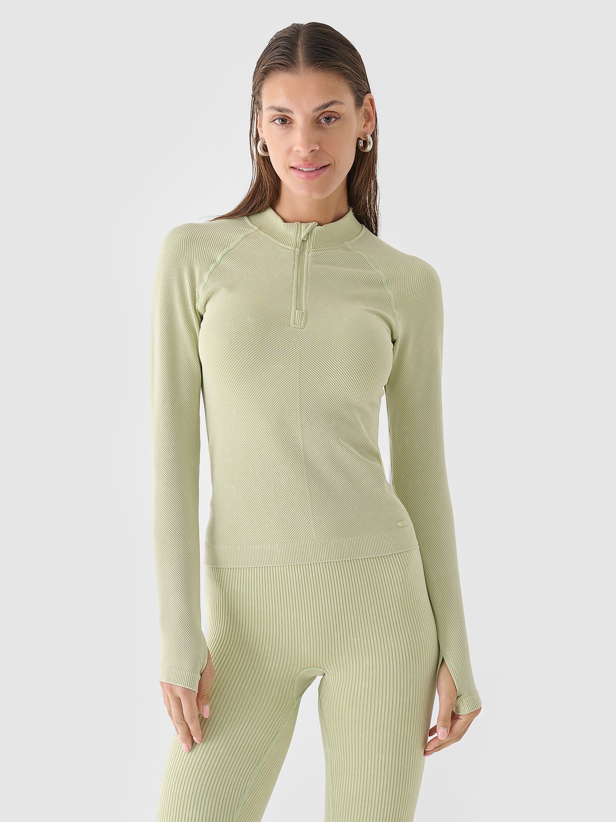 4F Longsleeve bezszwowy slim w prążki damski - oliwkowy/khaki M/L