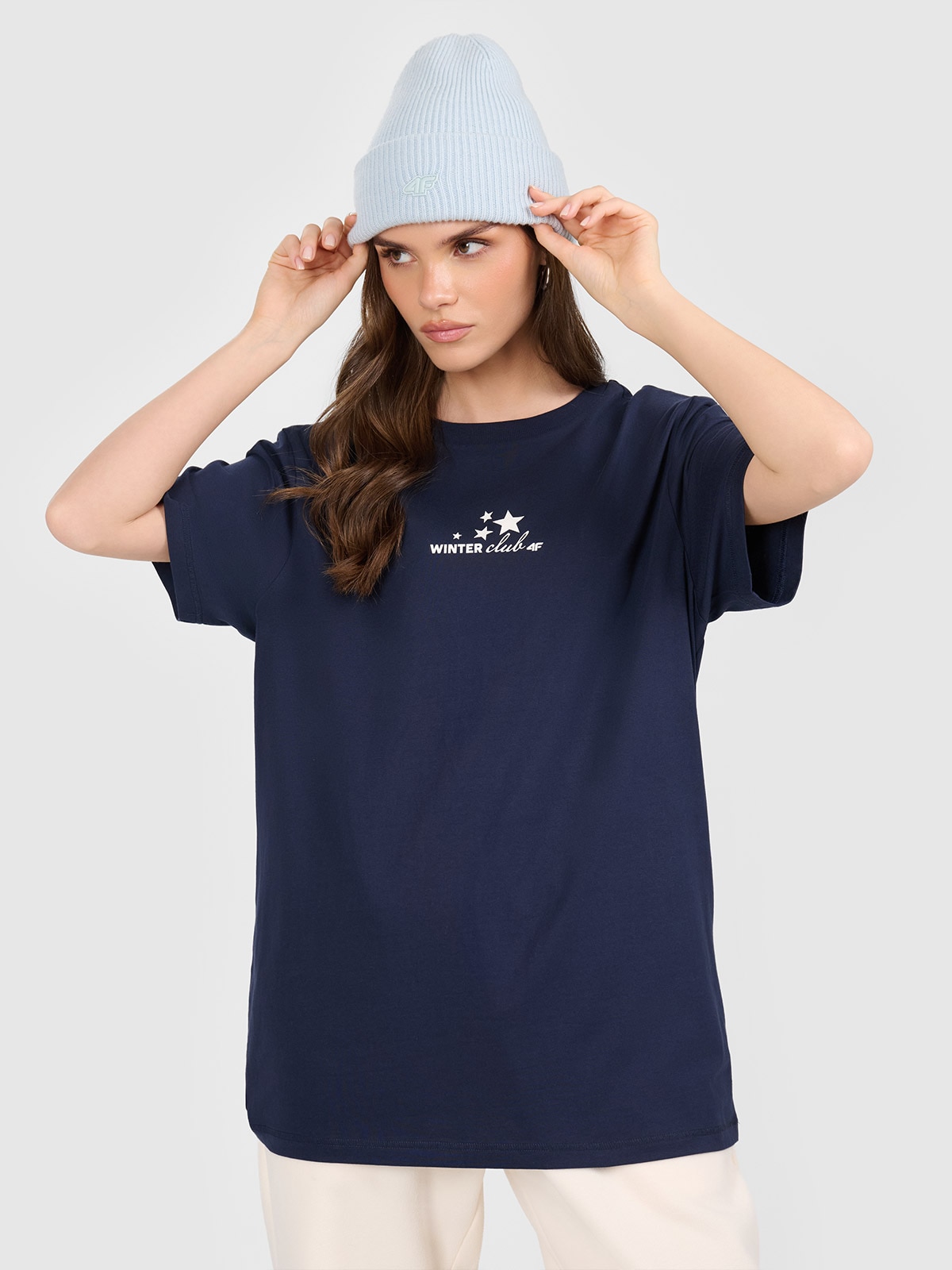 4F T-shirt oversize z nadrukiem damski - granatowy M