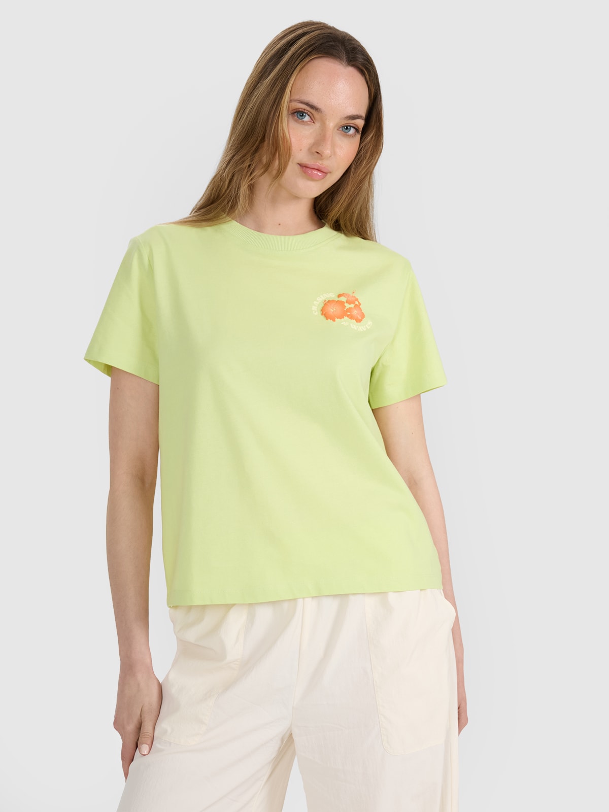 4F T-shirt oversize z nadrukiem damski - żółty XS