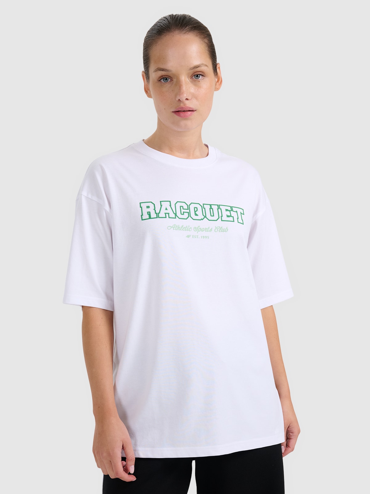 4F T-shirt oversize z nadrukiem damski - biały S