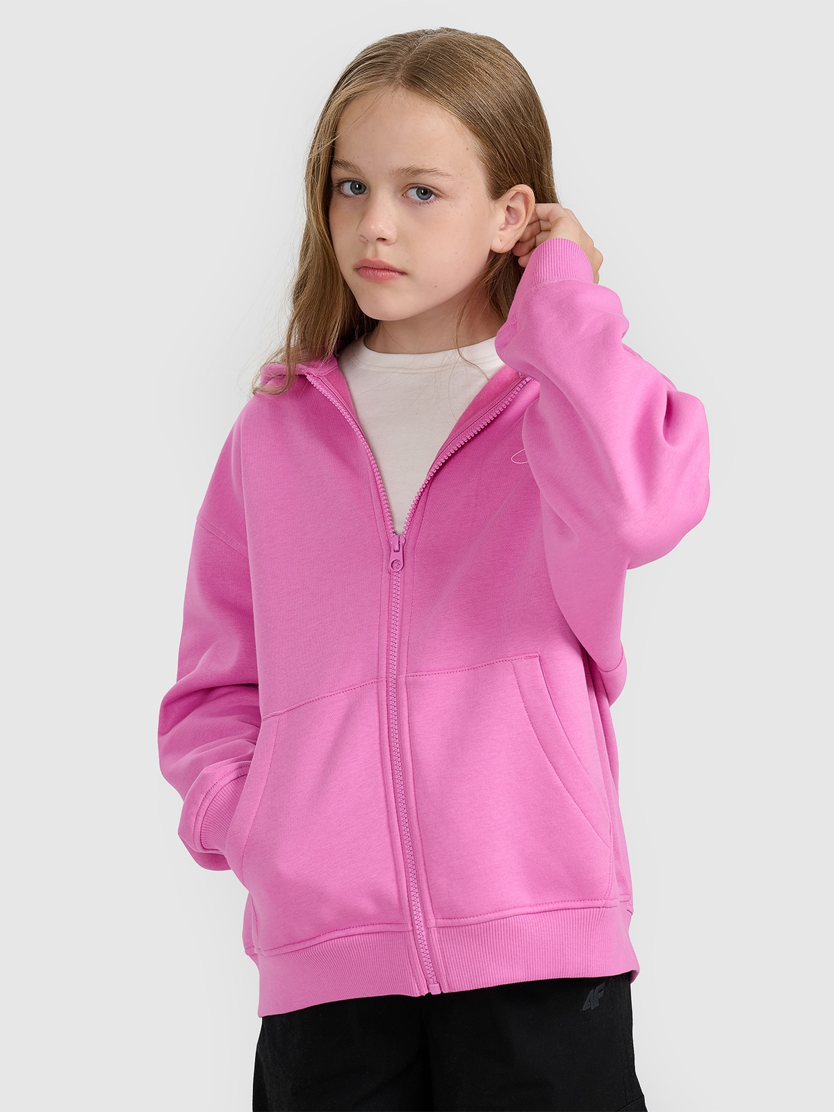 4F Bluza dresowa rozpinana z kapturem dziewczęca - różowa 140 (9-10 lat)