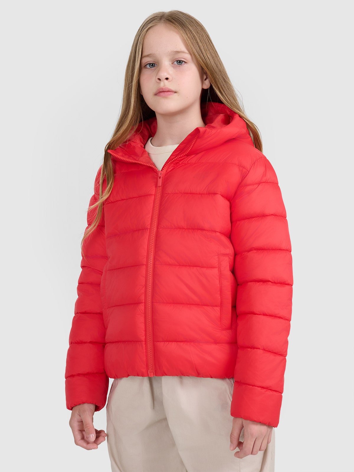 4F Kurtka puchowa z wypełnieniem syntetycznym dziewczęca - czerwona 128 (7-8 lat)