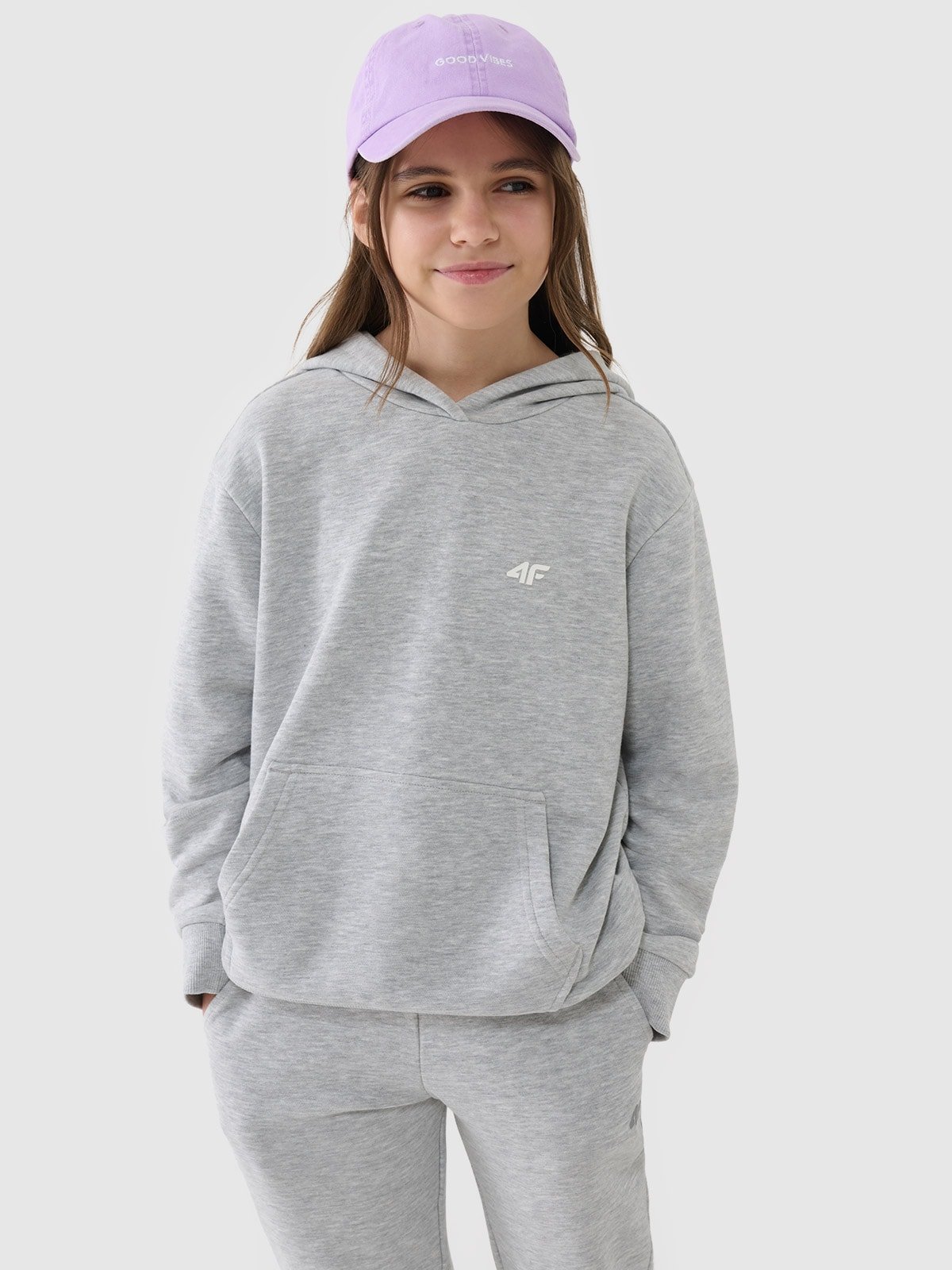 4F Bluza dresowa nierozpinana z kapturem dziewczęca - szara 140 (9-10 lat)