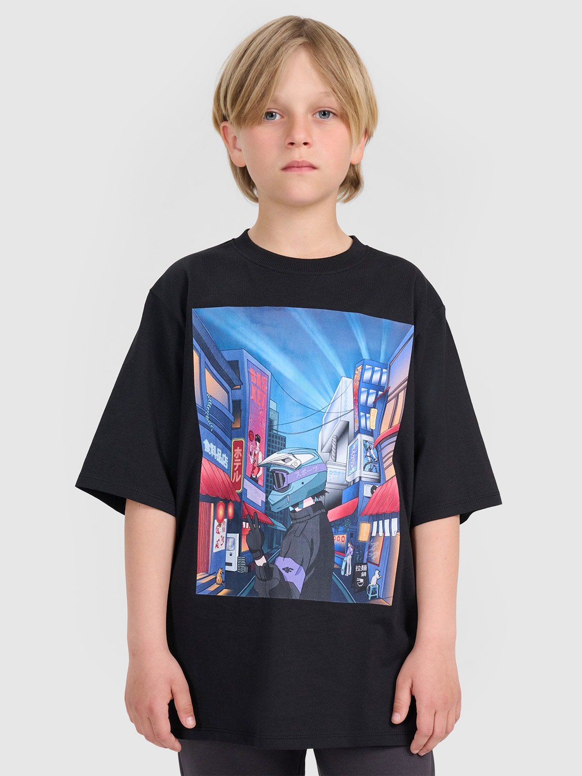 4F T-shirt oversize z nadrukiem chłopięcy - czarny 128 (7-8 lat)