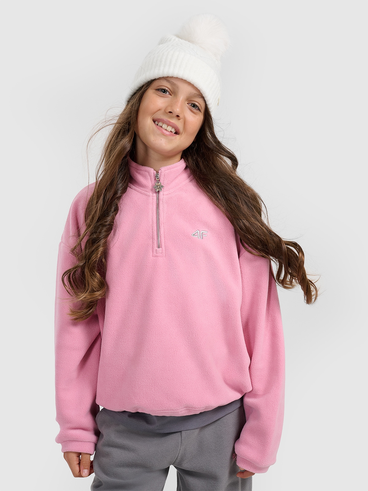 4F Polar oversize ze stójką dziewczęcy - różowy 152 (11-12 lat)