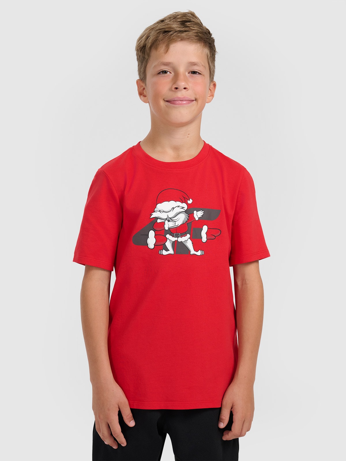 4F T-shirt regular z nadrukiem świątecznym chłopięcy - czerwony 134 (8-9 lat)