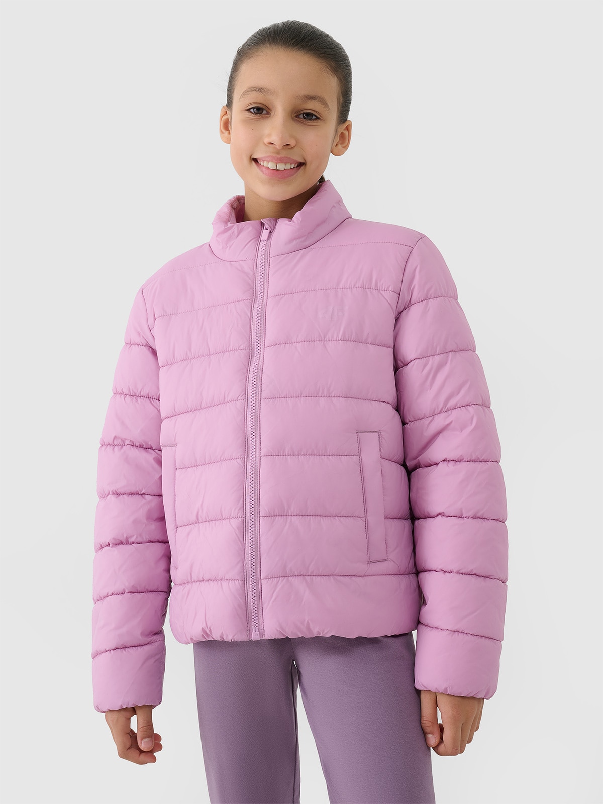 4F Kurtka puchowa z wypełnieniem syntetycznym dziewczęca - różowa 128 (7-8 lat)