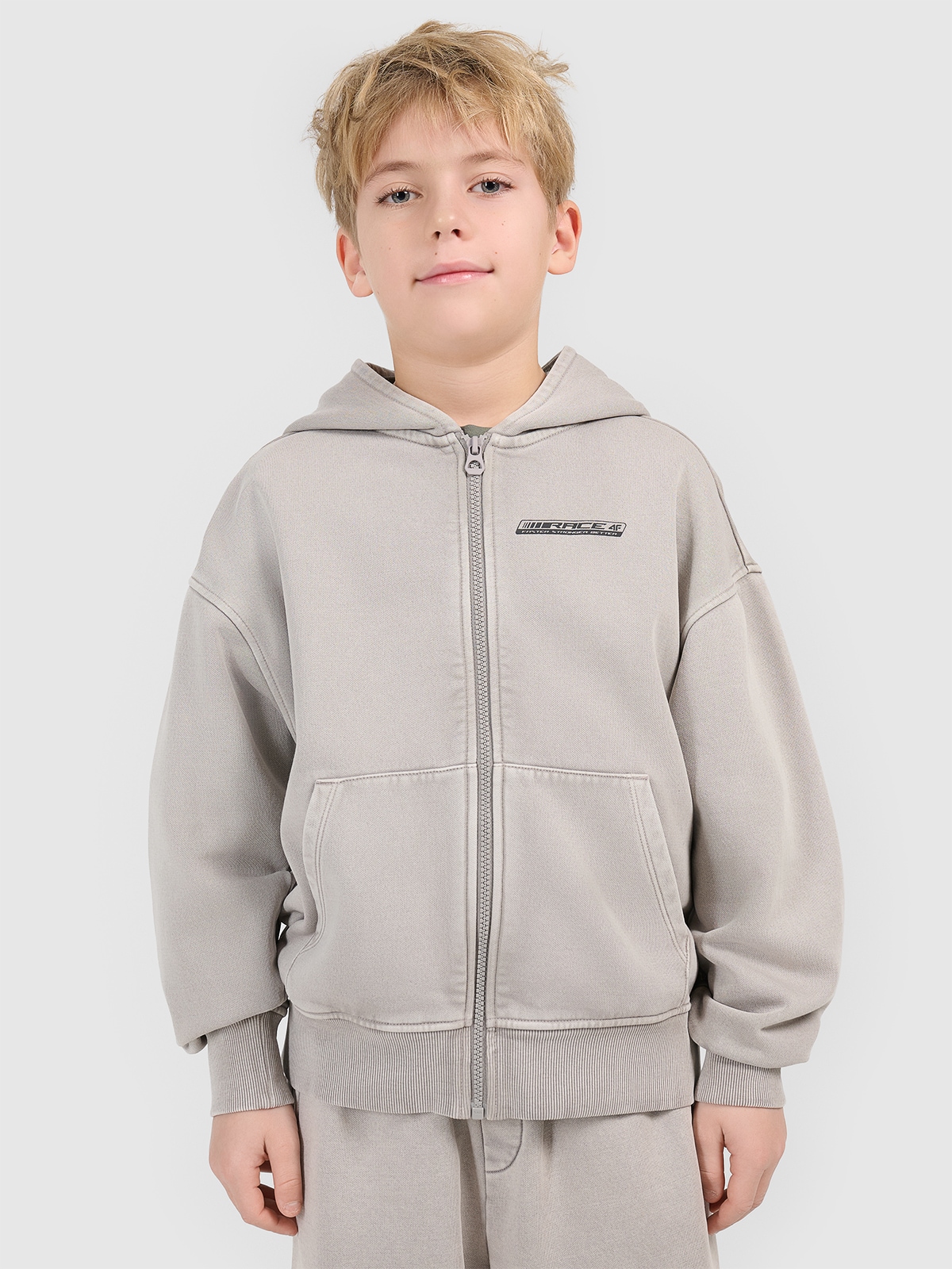 4F Bluza dresowa loose z kapturem chłopięca - szara 134/140 (8-10 lat)