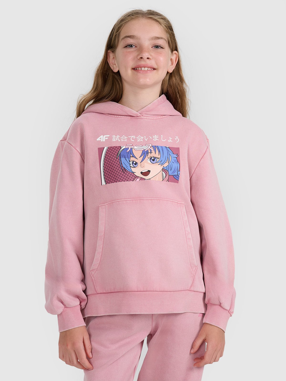 4F Bluza dresowa nierozpinana z kapturem dziewczęca - różowa 134 (8-9 lat)