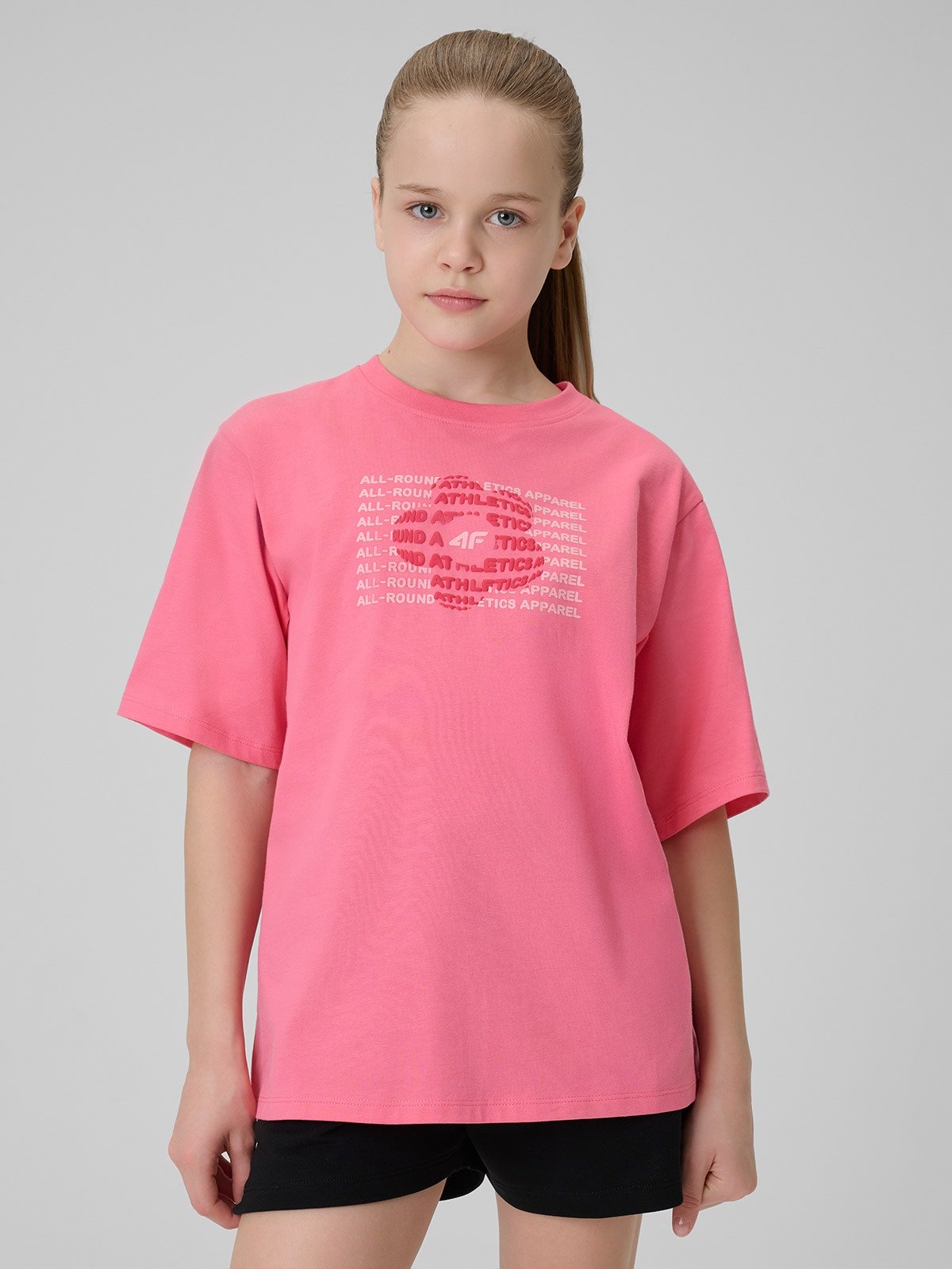 4F T-shirt loose z nadrukiem dziewczęcy - różowy 122 (6-7 lat)