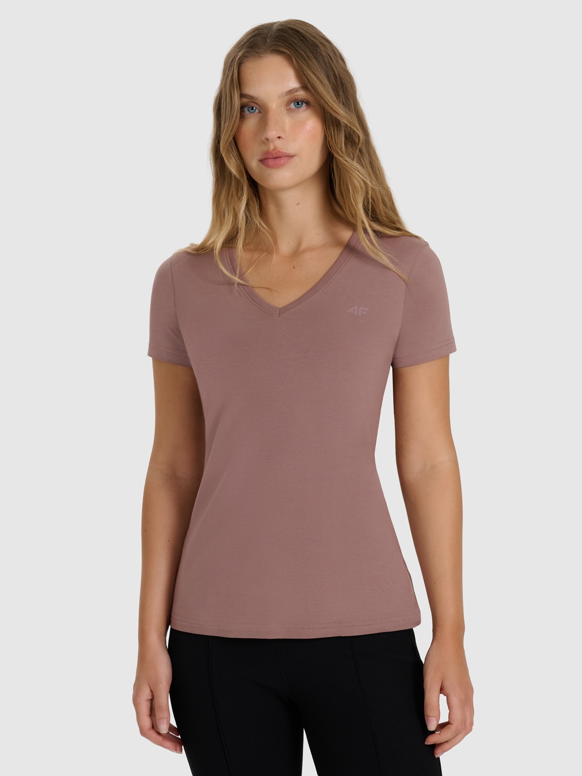 4F T-shirt slim gładki damski - beżowy S