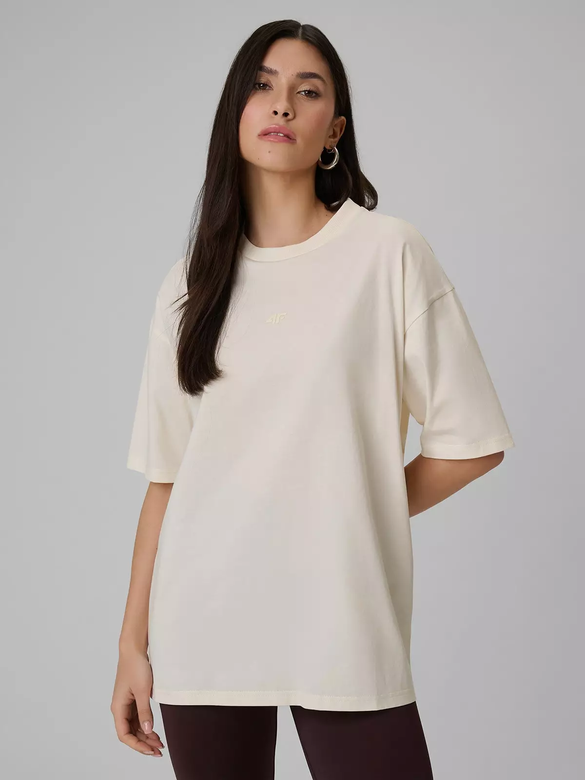 4F T-shirt loose gładki damski - beżowy S