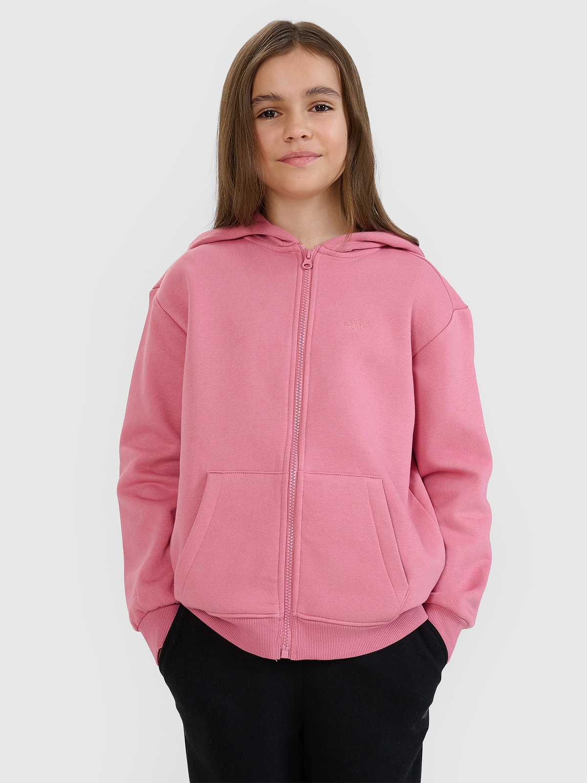 4F Bluza dresowa rozpinana z kapturem dziewczęca - różowa 134 (8-9 lat)