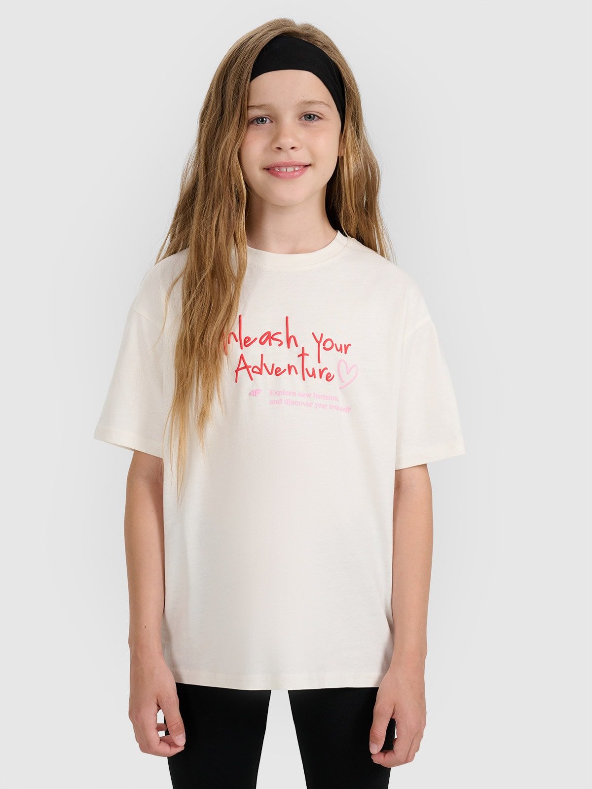 4F T-shirt regular z nadrukiem dziewczęcy - biały 128 (7-8 lat)