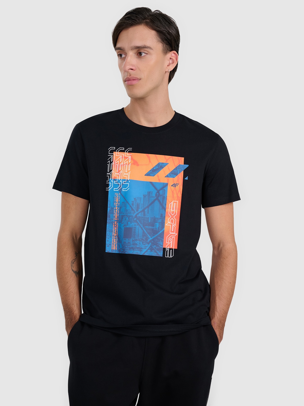 4F T-shirt regular z nadrukiem męski - czarny XXL