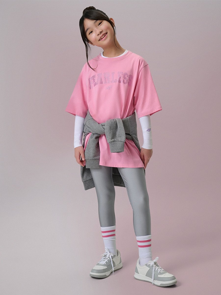 4F Legginsy dzianinowe z wysokim stanem dziewczęce - srebrne 122/128 (6-8 lat)