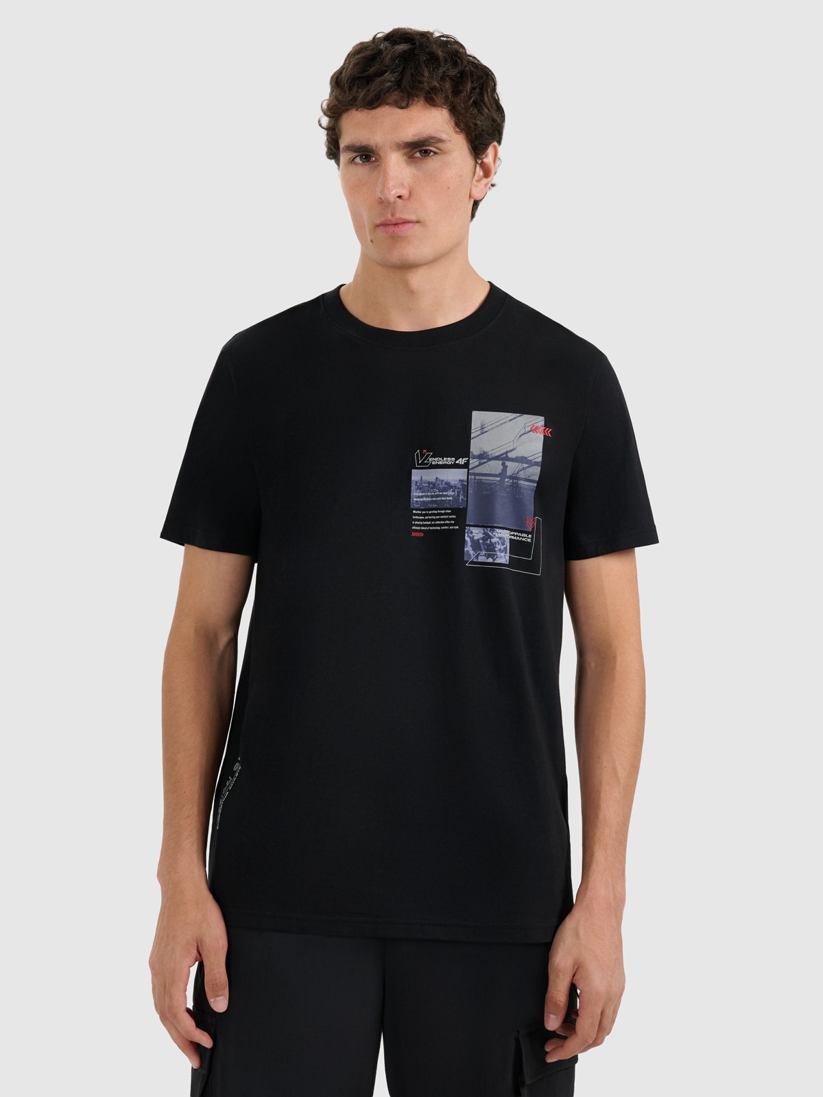 4F T-shirt regular z nadrukiem męski - czarny L