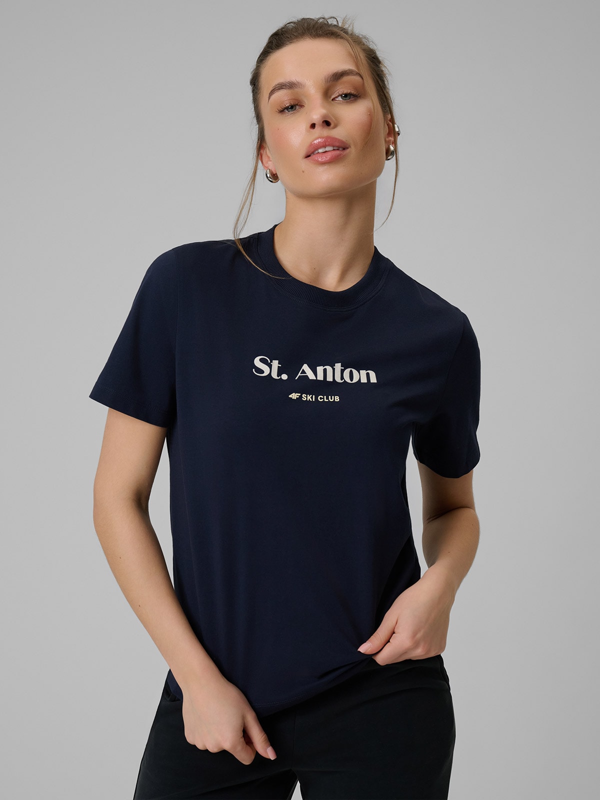 4F T-shirt loose z nadrukiem damski - granatowy M