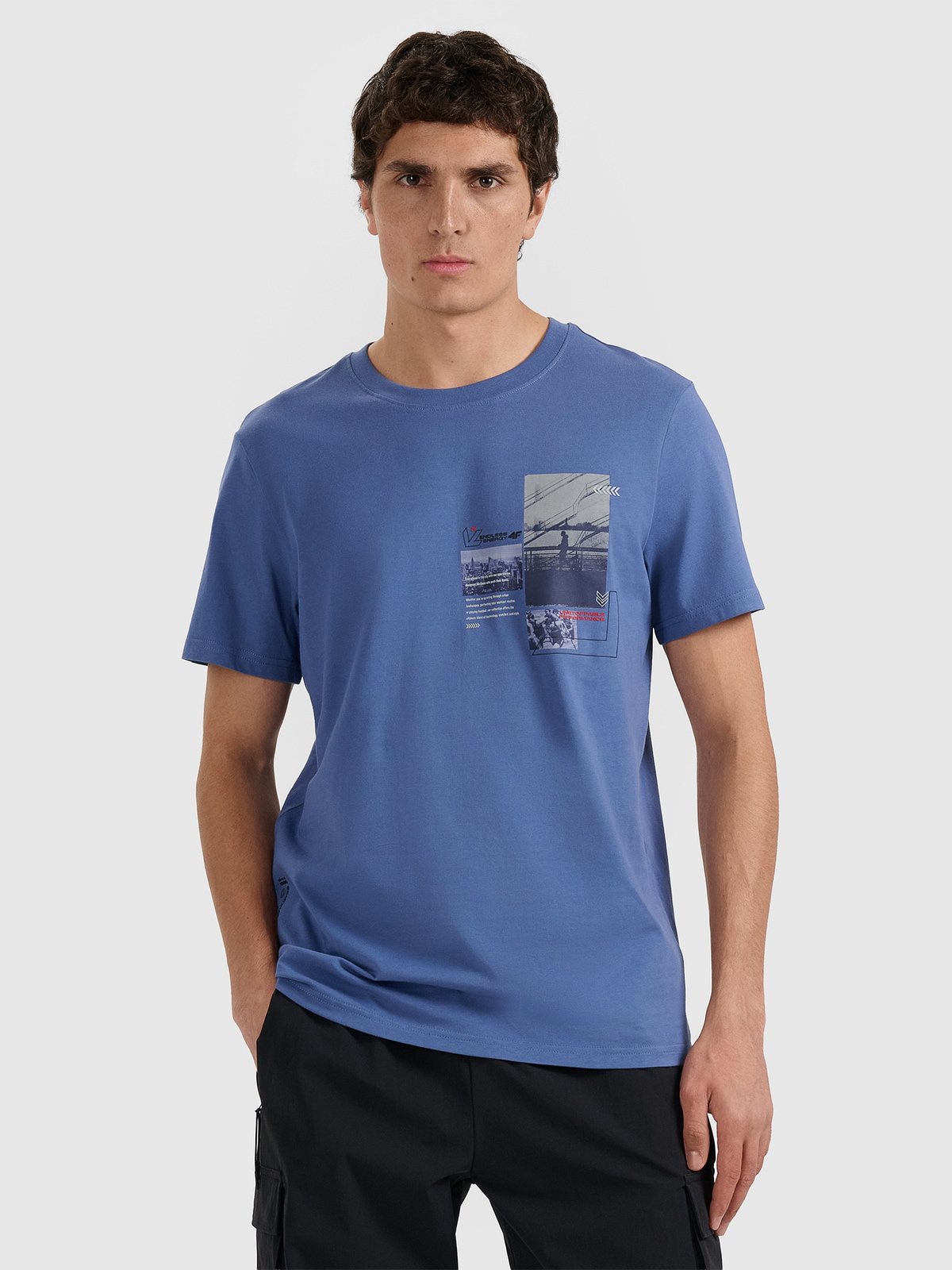 4F T-shirt regular z nadrukiem męski - granatowy XXL