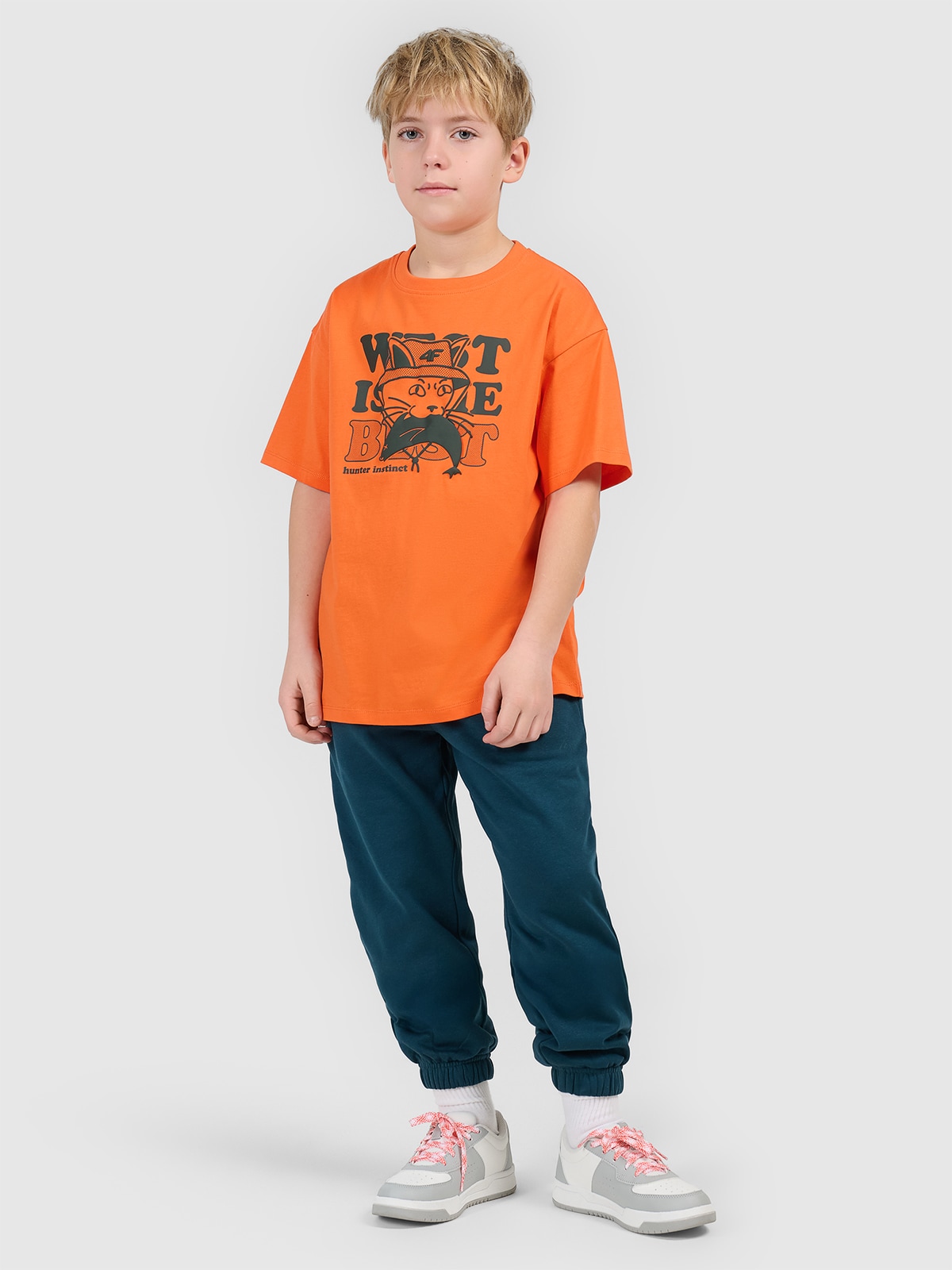 4F T-shirt loose z nadrukiem chłopięcy - pomarańczowy 128 (7-8 lat)