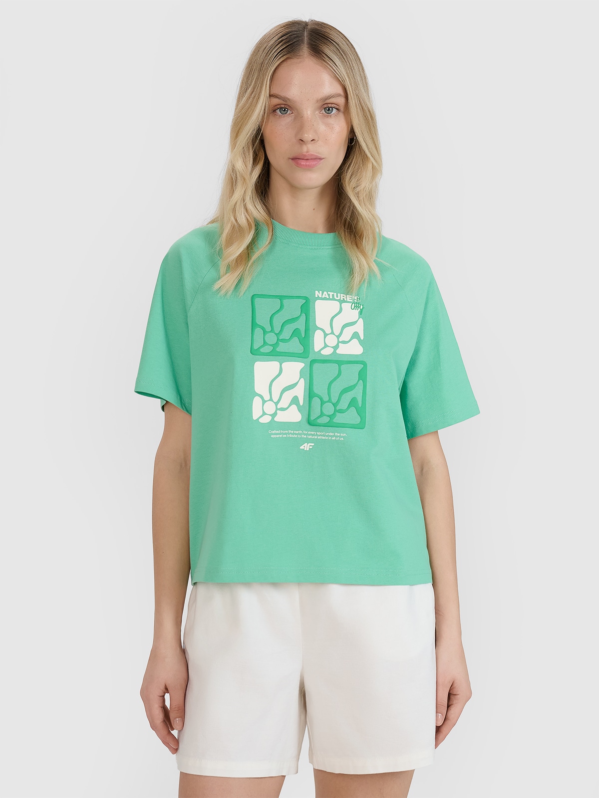 4F T-shirt oversize z nadrukiem damski - zielony XS