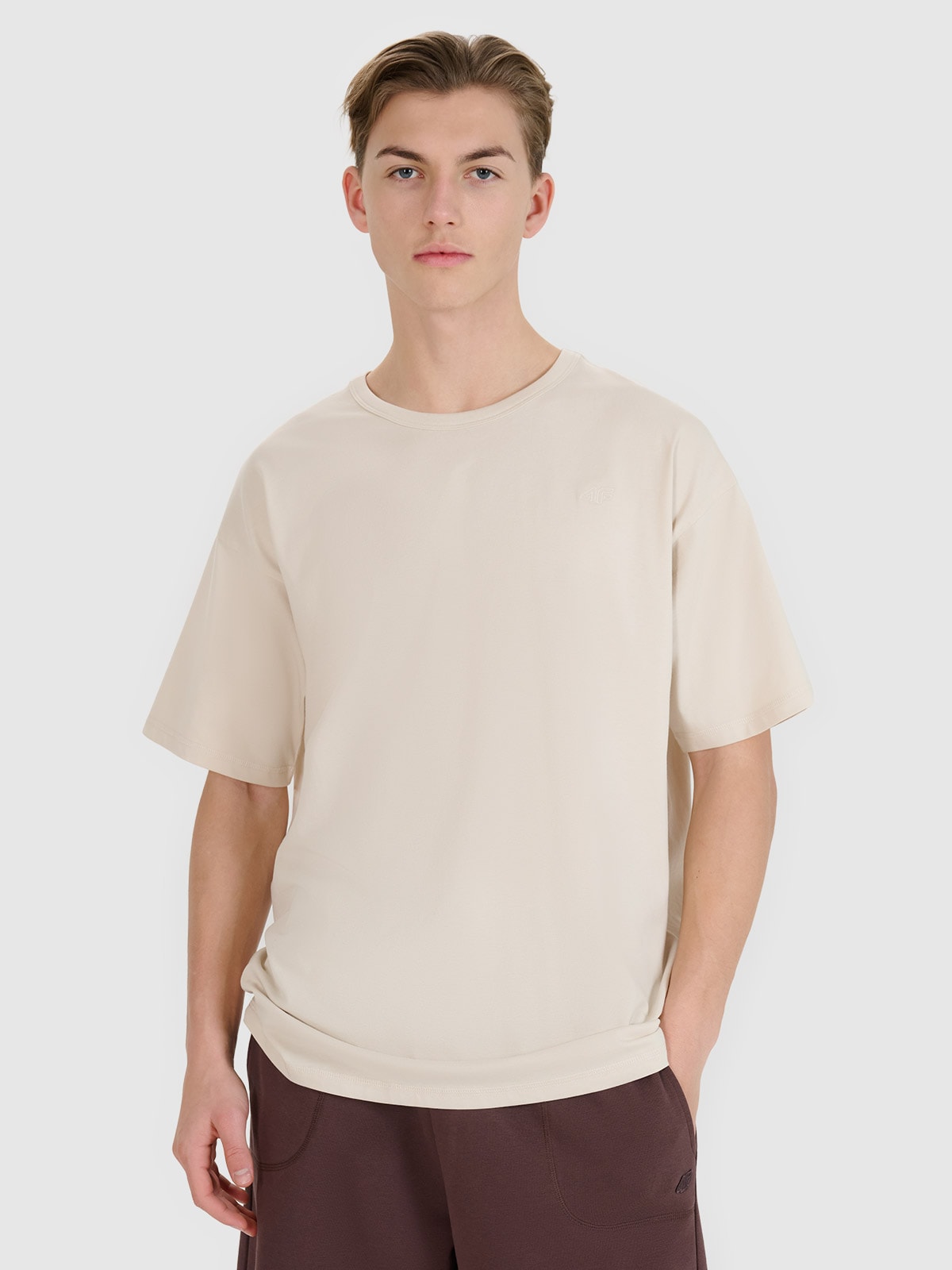 4F T-shirt oversize gładki uniseks - beżowy XL