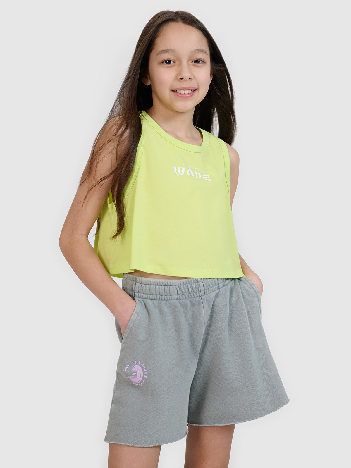 4F Crop top oversize z nadrukiem dziewczęcy - zielony 128 (7-8 lat)