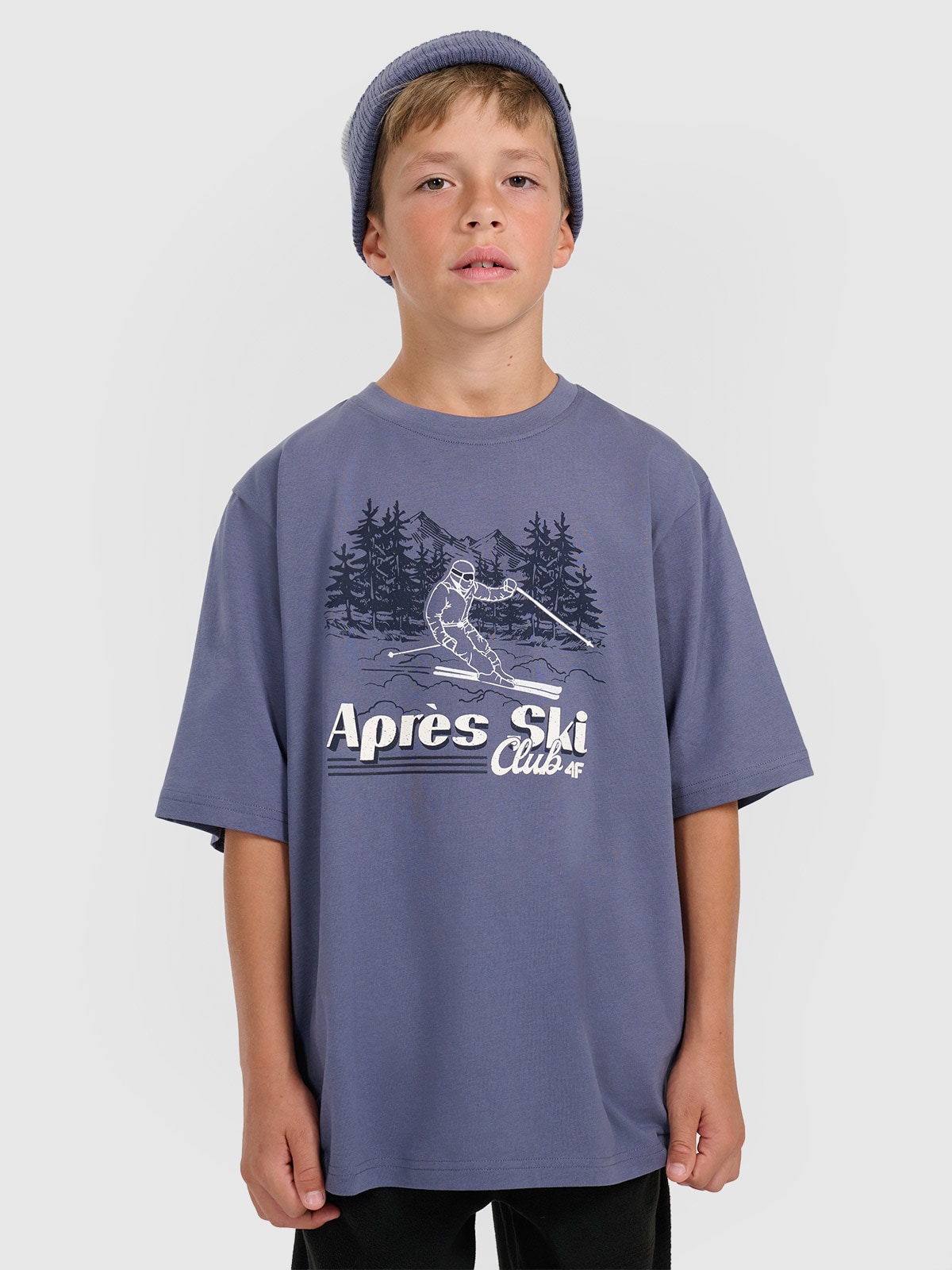 4F T-shirt loose z nadrukiem chłopięcy - granatowy 134/140 (8-10 lat)