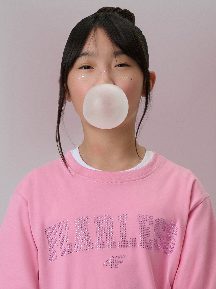 4F T-shirt loose z nadrukiem dziewczęcy - różowy 146/152 (10-12 lat)