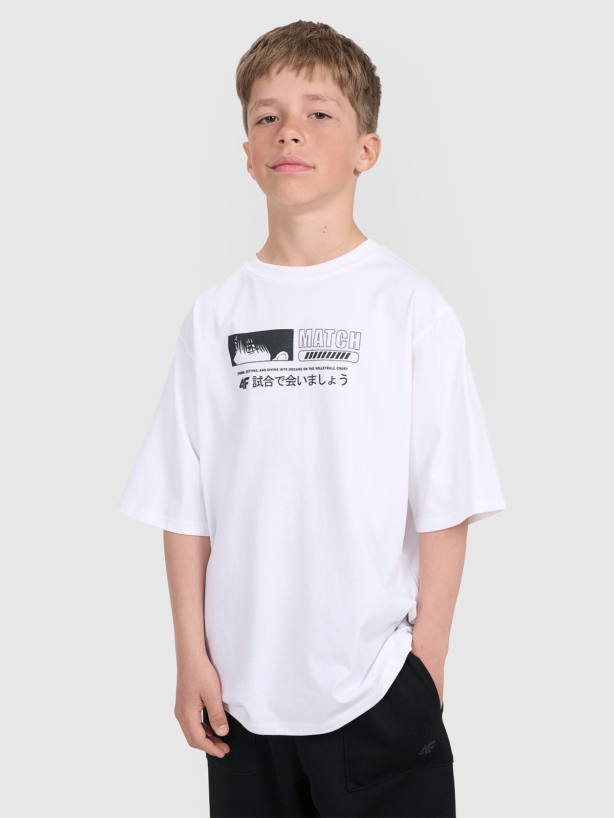 4F T-shirt oversize z nadrukiem chłopięcy - biały 152 (11-12 lat)