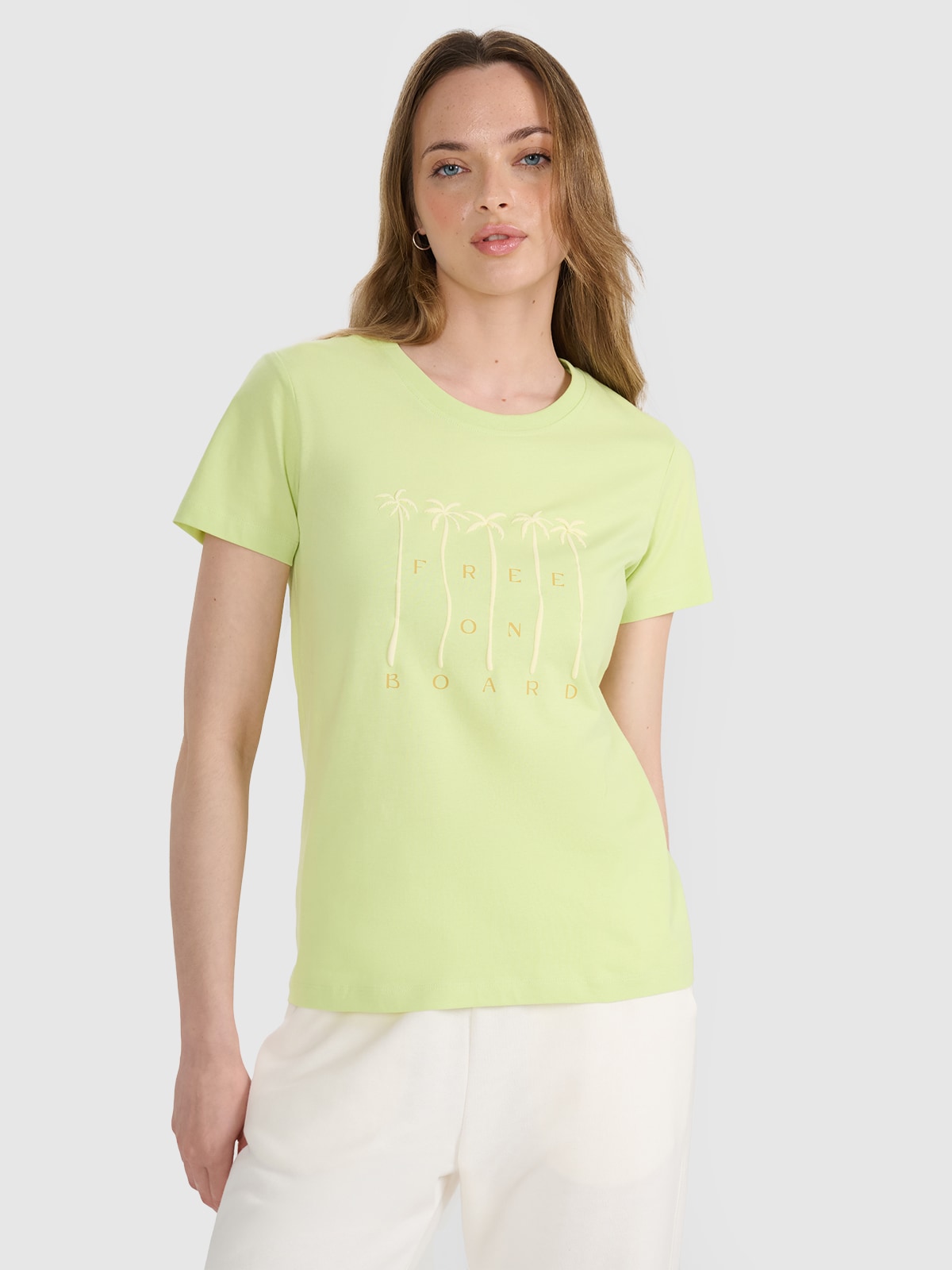 4F T-shirt regular z nadrukiem damski - żółty L