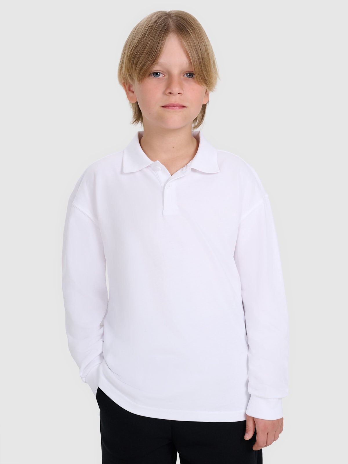 4F Longsleeve polo regular chłopięcy - biały 128 (7-8 lat)