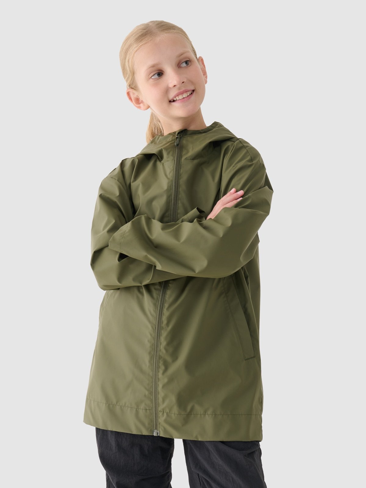 4F Kurtka przejściowa przeciwdeszczowa z gumową powłoką dziecięca - khaki 152 (11-12 lat)