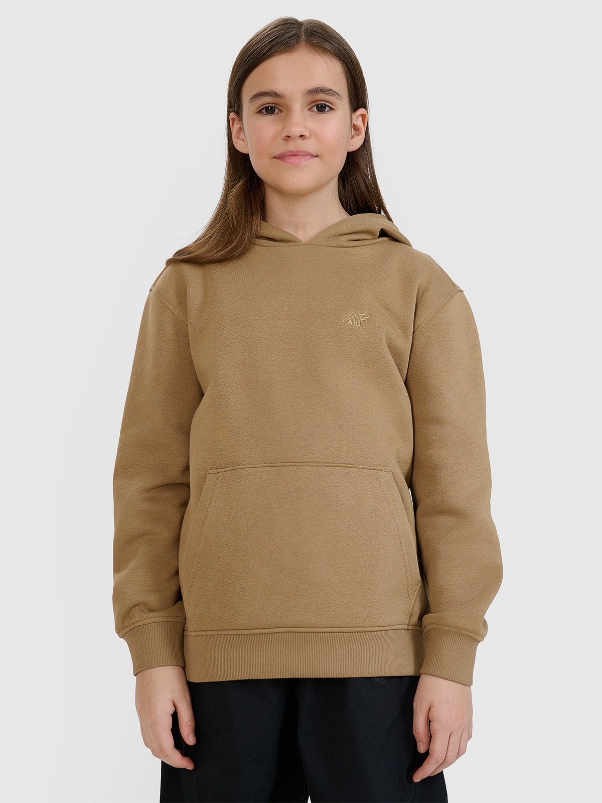 4F Bluza dresowa nierozpinana z kapturem dziewczęca - beżowa 140 (9-10 lat)