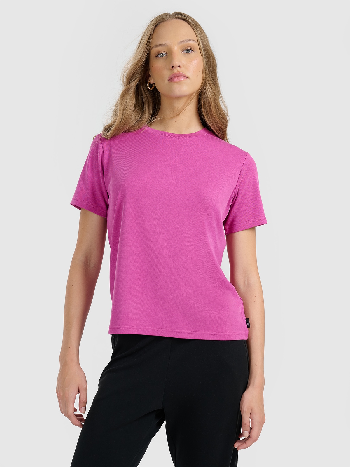 4F T-shirt z prążkowanej dzianiny z modalem damski - różowy M