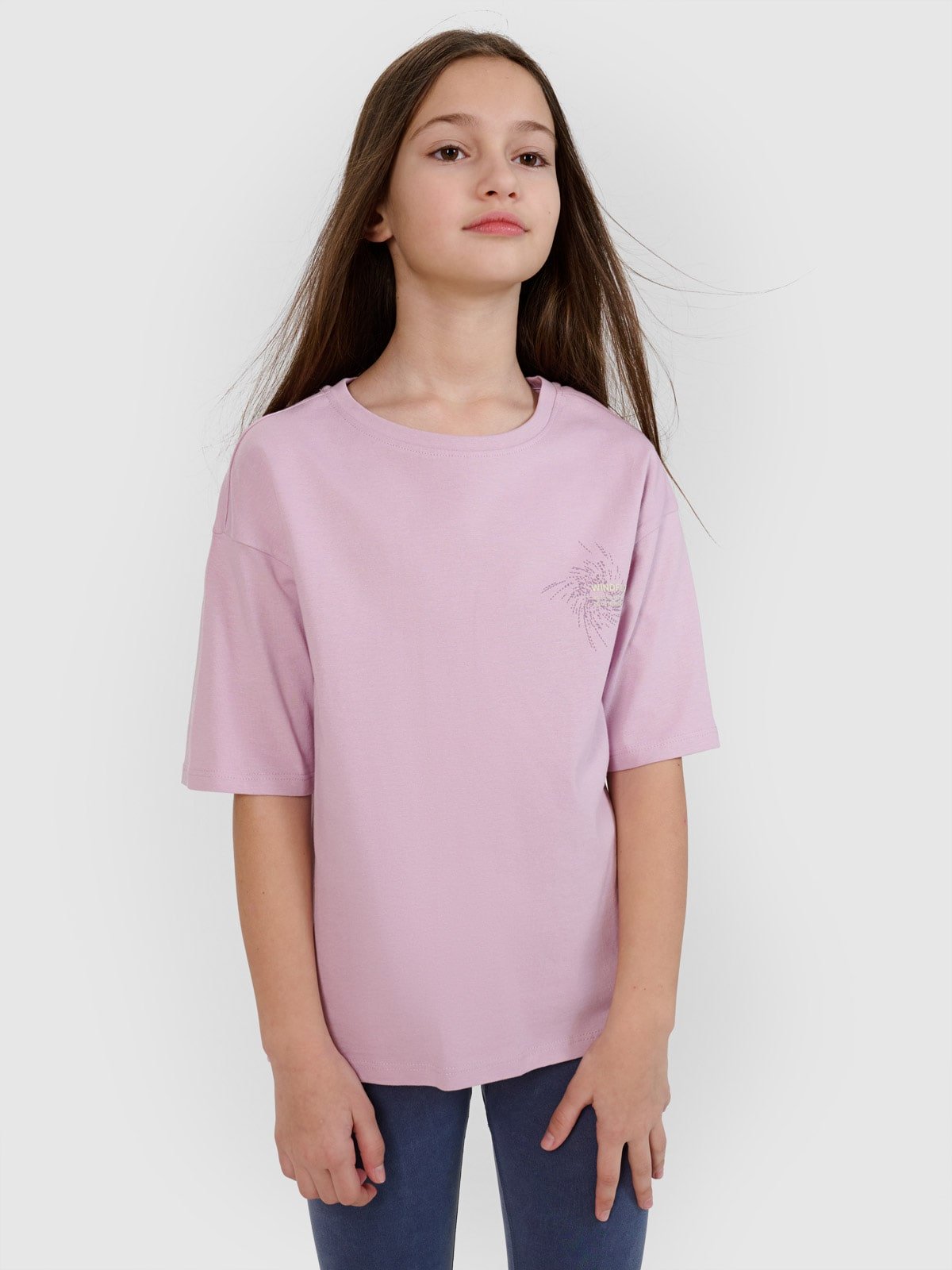 4F T-shirt oversize z nadrukiem dziewczęcy - fioletowy 164 (13-14 lat)