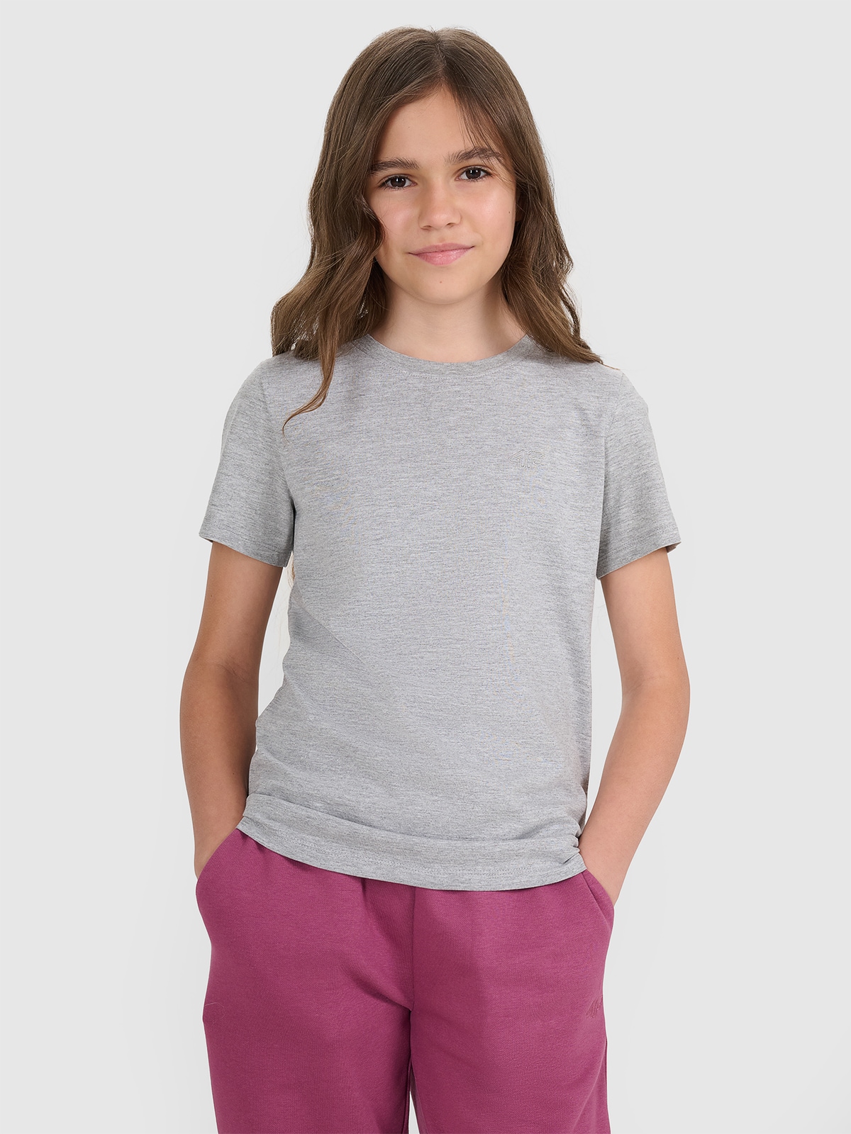 4F T-shirt regular gładki dziewczęcy - szary 146 (10-11 lat)