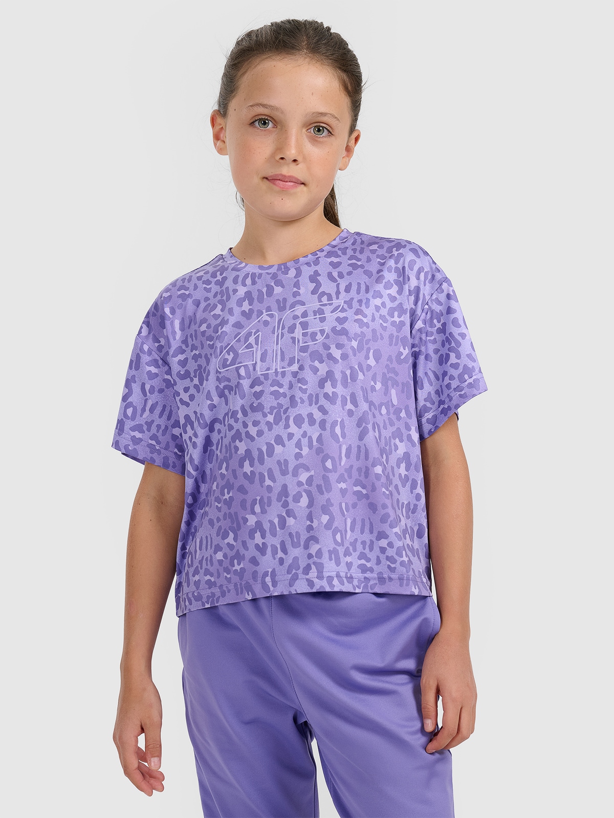 4F Crop-top sportowy szybkoschnący dziewczęcy - fioletowy 134/140 (8-10 lat)