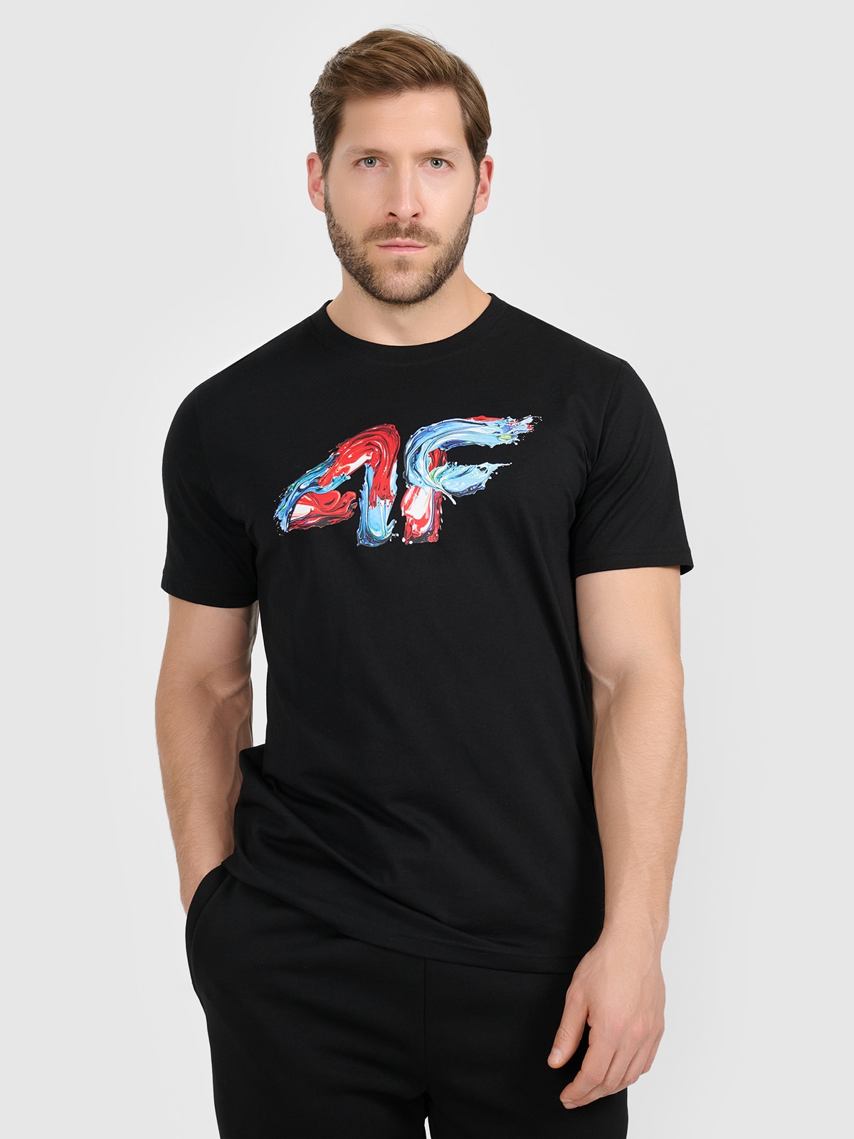 4F T-shirt regular z nadrukiem męski - czarny L