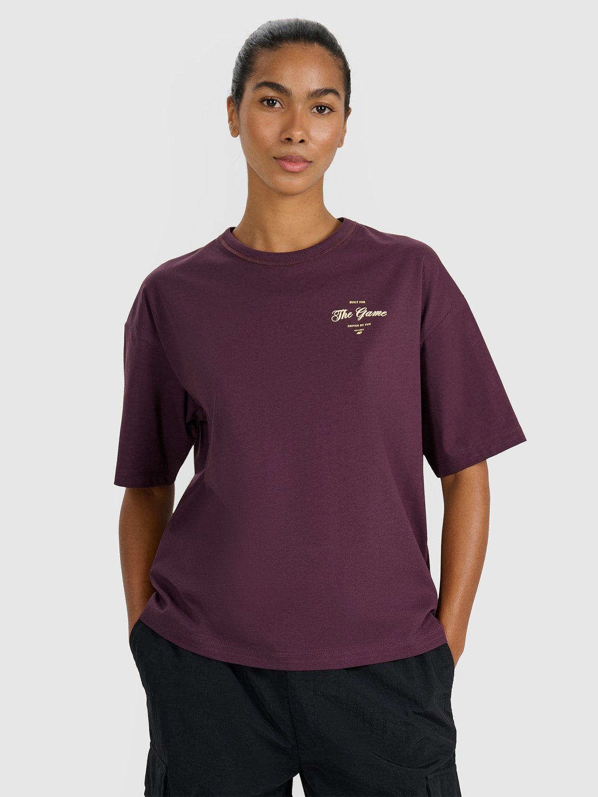 4F T-shirt oversize z nadrukiem damski - fioletowy XS