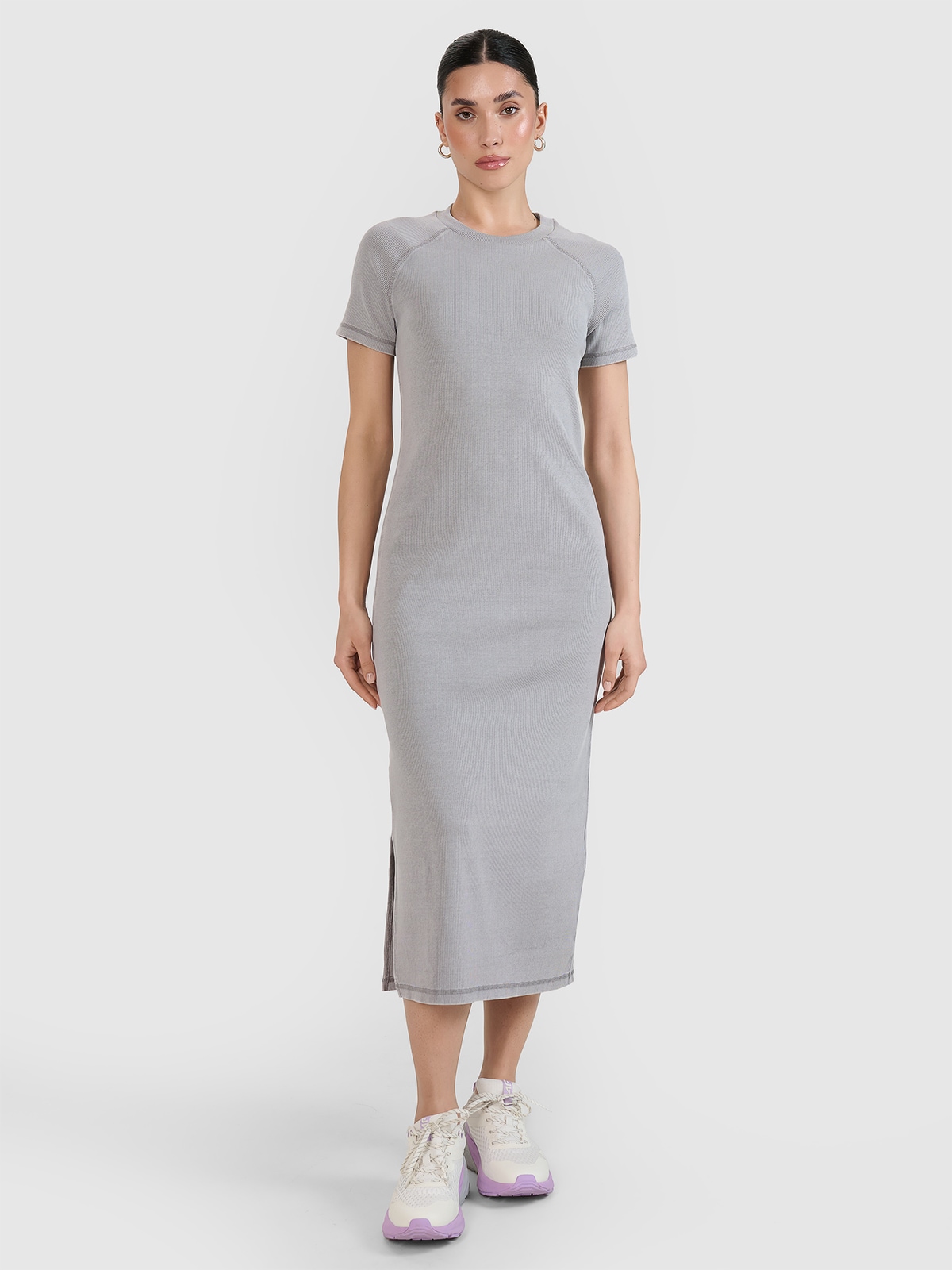 4F Sukienka midi z prążkowanej dzianiny damska - szara L
