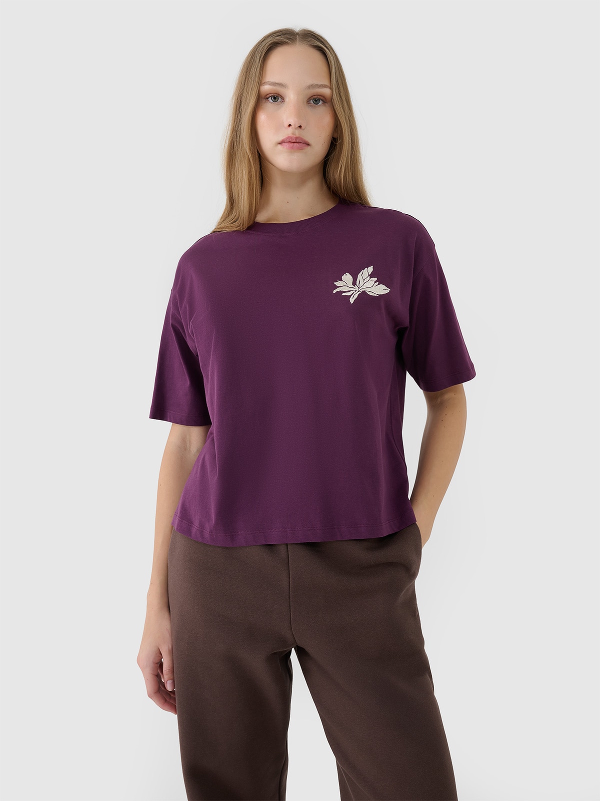 4F T-shirt oversize z nadrukiem damski - fioletowy S