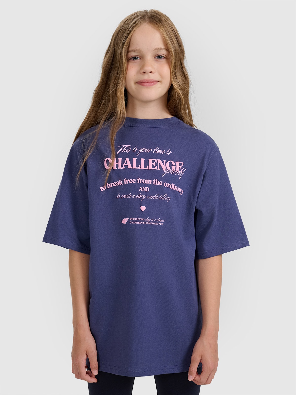 4F T-shirt oversize z nadrukiem dziewczęcy - granatowy 164 (13-14 lat)